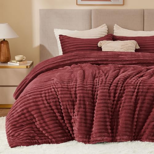 BEDELITE Fleece California King Comforter Set, Fluffy Bed Set, Burgundy