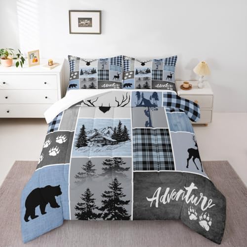 Manfei Deer Antler Comforter Set King Size,Bear Paws Rustic Farmhouse Xmas Bedding Set for Kids Boys Girls Adults Room Decor,Plaids Patchwork Adventure Down Comforter,Blue Duvet Insert,2 Pillowcases