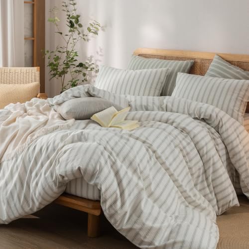 BESTOUCH Striped Cotton Duvet Cover Set Linen Feel Alaska King