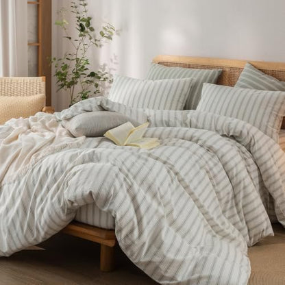BESTOUCH Striped Cotton Duvet Cover Set Linen Feel Super King Plus