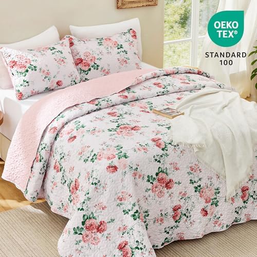 EXQ Home Printed Quilt Set Full Queen Size Pink Daphne Bedspread Set