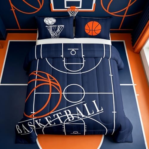 Erosebridal Kids Sports King Comforter Set for Boys - Basketball Bedding, Reversible Duvet Set, Court Quilted Comforter, Ball Game Print