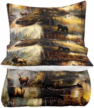 LUVIVIHOME 3PCS Black Bear Deer Cabin Comforter Set King Size, Elk Moose Mallard Duck Woodland Forest Animal Wildlife Hunting Camo Hunter Country Lodge Rustic Farmhouse Bedding Sets, 2 Pillow Cases