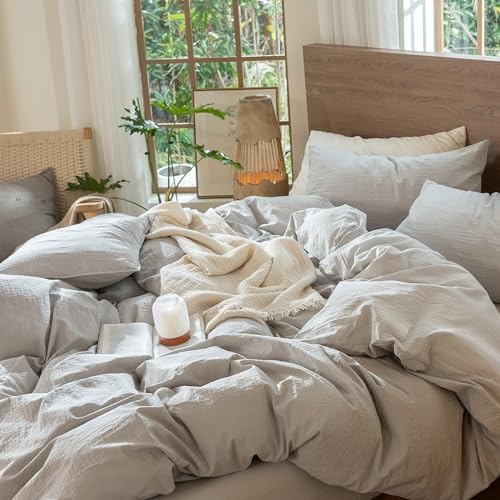 MooMee Wavy Striped Duvet Cover Set 100% Washed Cotton Linen Like Textured Breathable Durable Soft Comfy (Light Grey, King 104"x90")