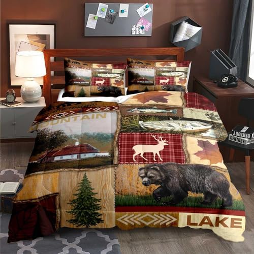 LUVIVIHOME 3PCS Cabin Comforter Set Queen Size, Bear Fish Deer Elk Moose Forest Animal Wildlife Hunting Fishing Red Buffalo Plaid Patchwork Quilt Country Lodge Rustic Farmhouse Bedding, 2 Pillow Shams