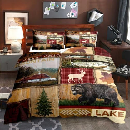 LUVIVIHOME 3PCS Cabin Comforter Set Queen Size, Bear Fish Deer Elk Moose Forest Animal Wildlife Hunting Fishing Red Buffalo Plaid Patchwork Quilt Country Lodge Rustic Farmhouse Bedding, 2 Pillow Shams