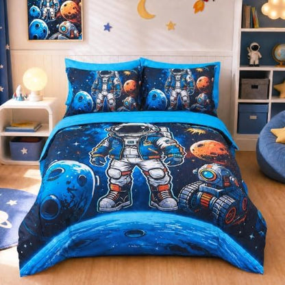 Viviland Kids Bedding Set Twin Size Comforter Sets, Bed in Interstellar Astronaut Cover Set for Children