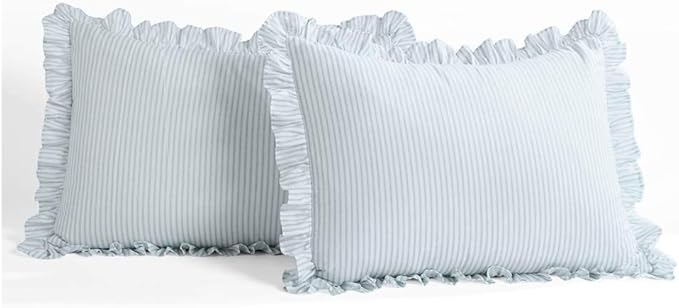 Lush Decor Ticking Stripe Bedspread King Size 3 Piece Set Lake Blue - Ruffle Bedding Set King Bedspreads - Striped Bedding - Farmhouse & Coquette Decor