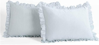 Lush Decor Ticking Stripe Bedspread King Size 3 Piece Set Lake Blue - Ruffle Bedding Set King Bedspreads - Striped Bedding - Farmhouse & Coquette Decor