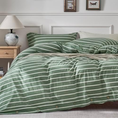 JELLYMONI Cotton Duvet Cover Full Size - Green Striped Comforter Cover with Button 100% Washed Cotton 3PCS Breathable Soft Solid Bedding Set Duvet Cover 80×90in & 2 Pillowcases (NO Comforter)
