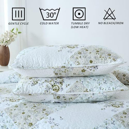 HIARUO Quilt Set Twin Size 2 Pieces Floral Patchwork Comforter Bedspread Boho Plaid Coverlet Reversible Lightweight Farmhouse Bedding with 1 Pillow Cover Sham for All Season, Green Purple