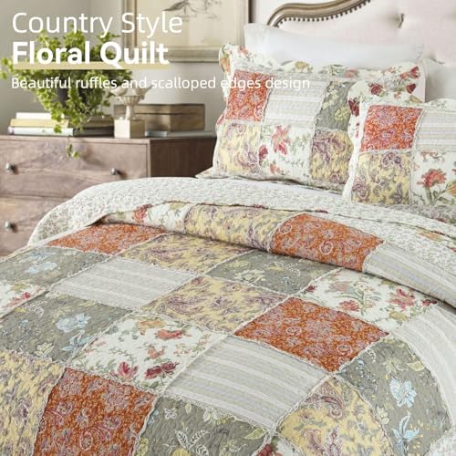 Yvooxny 3-Piece Quilt Set King Size Quilted Bedspread Reversible Country Style Floral Real Patchwork Bedding Quilt Set with Ruffles with Pillowcases for All Seasons, 108 * 96 Inches