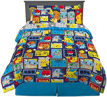 Franco Pokémon Pikachu Full Size Bedding Set – Kids Bedding Super Soft Cozy Reversible Comforter and Sheet Set with Sham, 7 Piece Full Size, (Officially Licensed Product)