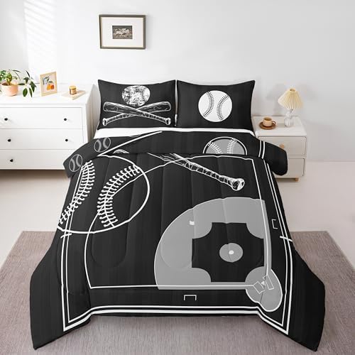 Erosebridal Kids Sports Bedding Twin Size for Boys Baseball Comforter Set, Baseball Print Reversible Duvet Insert & Ball Game Quilt Comforter
