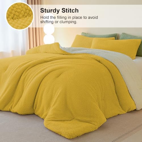 LLanCL 3D Jacquard Design Comforter Set, Ultra-Soft Warm King Size Sherpa Fur Plush 3-Pieces Sets Luxury Cozy Bedding with 2 Pillowcases (104"x90", Mustard Yellow)