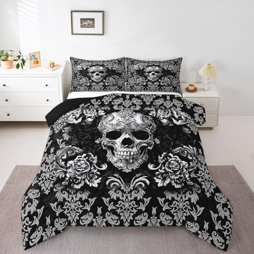 Gothic Skull Comforter Set King Size,Halloween Flower Skull Bedding Sets for Boys Girls Woman Men Bedroom Decor,Black Grey Vintage Damask Down Comforter Retro Floral Quilt Set,2 Pillowcases