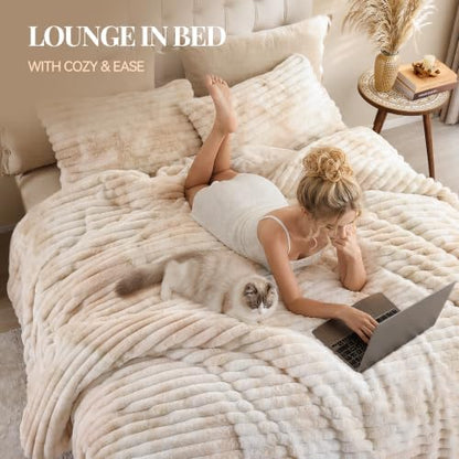Smoofy Fluffy King Size Comforter 3 PCS - Tie Dye Beige Fleece Bedding Set