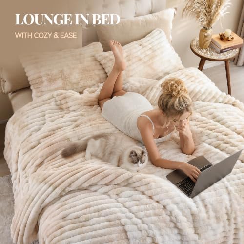 Smoofy Fluffy Full Size Comforter 3 PCS - Tie Dye Beige Fleece Bedding Set