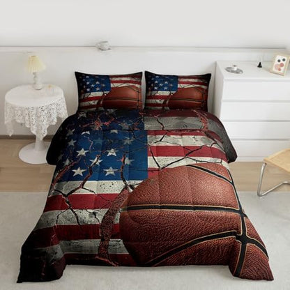 Erosebridal American Flag Comforter Set for Boys, Basketball Duvet Sets Queen Size, Retro Sports Games Bedding Set United States Federations Stars Stripes Duvet Insert for Teens Kids Adult Bedroom