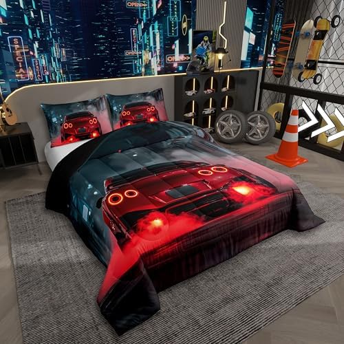 Erosebridal Red Race Car Comforter King Size for Kids Teens Adults,Extreme Sports Gaming Bedding Set,Cool Red Speed Car Duvet Insert,Red Black Quilt Bedroom Decor