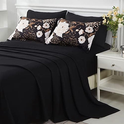 Yogeneg 7 Piece Bed in a Bag Full Size Comforter Set Botanical Floral Bedding Set,White Flower Leaves Printed on Black Reversible Design,Soft Microfiber Comforter with Sheet Set,All Season(Black,Full)