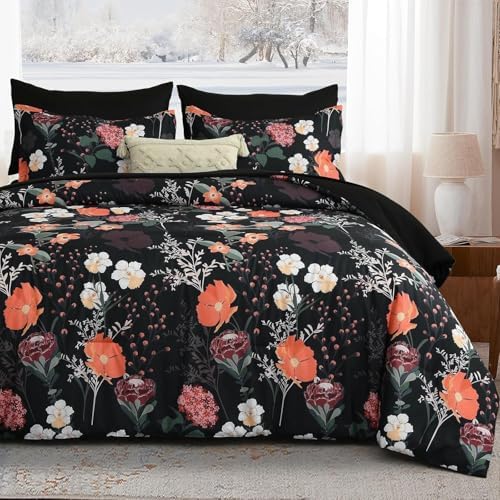 Full Size Comforter Set,Dark Black Red Floral Bedding Comforter Set 7 Piece