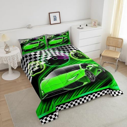 Feelyou Green Racing Car Bedding Set for Kids Boys Girls King Size Extreme Sports Comforter Set Teen Adult Ultra Soft Speed Sports Car Comforter Cool Car Duvet Quilt Bedroom Decor Race Car Quilt