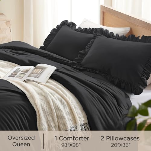 Andency Black Ruffle Comforter Oversized Queen, 3 Pcs Solid Farmhouse Bed
