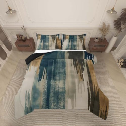 jejeloiu Blue Brown Abstract Kids Comforter Set Full Size Modern Art Bedding Set Splash Ink Abstract Duvet Quilt for Kids Boys Girls Bedroom Luxury Decor Microfiber Ultra Soft Breathable