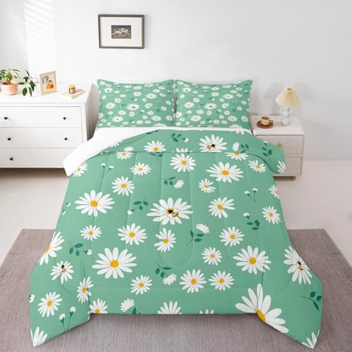 Homewish Daisy Flowers Children Comforter Set,Daisy and Bee Bedding Set for Women Girls,Adults Soft Green and White Comforter,Kids Spring Floral Quilted Duvet Set Bedroom Collection King Size 3Pcs