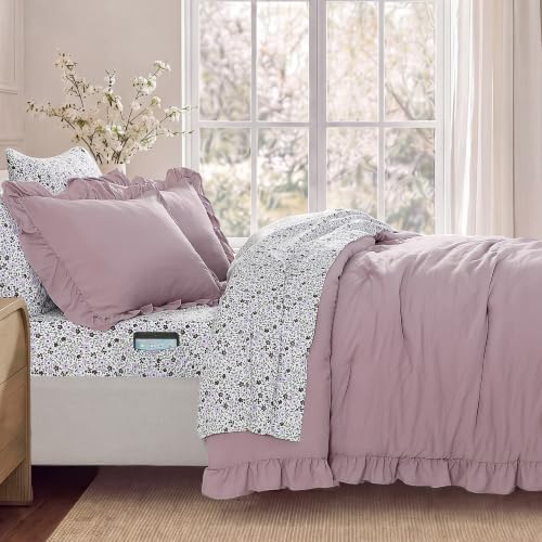 BLOOMHAVEN Queen Comforter Set-7 Pieces Ruffle Bedding with Floral Sheet