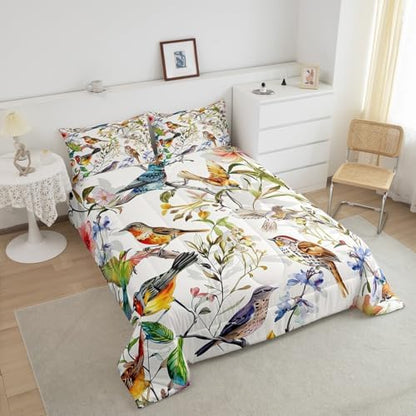 Homewish Birds Pattern King Size Comforter Set,Kids Spring Flowers Decor All Season Bedding Set,Teens Colorful Comforter,Garden Decor Quilt Set Bedroom Collection 3Pcs