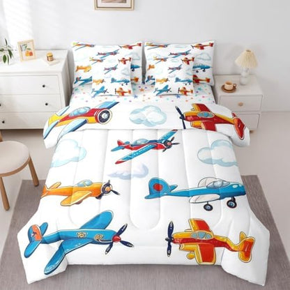 Erosebridal Colorful Aircraft Comforter Set with Sheets King Size, Cartoon Propeller Plane Airplane 7 Pcs Bedding Set, Aviation Theme Bed in A Bag for Boys Kids Girls Adults, White Cloud Bed Sets
