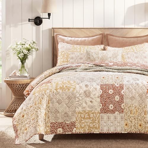 King Quilt Set-3 Pieces Soft Bedding Lightweight Floral Patchwork Coverlet