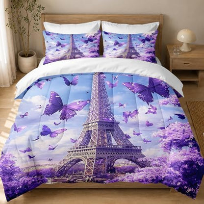 CCoutueChen Paris Comforter Set King Size, Romantic Bedding with Purple Butterfly Floral Bedroom Decor, 3 Pcs 2 Pillowcases, 104"x90"