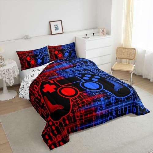 Feelyou Kids Boys Red and Blue Gamer Comforter Set Queen Size
