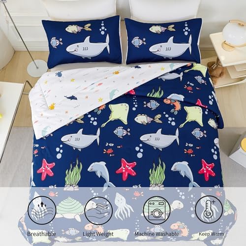 RYNGHIPY 3 Pcs Ocean Animals Full Comforter Set for Boys Navy