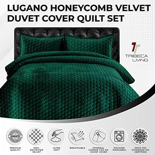 Tribeca Living Lugano Oversized Velvet Quilt Set - All Season, Extra Large, 3 Piece Queen Size Comforter Set with 2 Pillow Shams in Emerald Green Honeycomb Pattern 260GSM