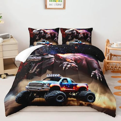 AILONEN Boys Dinosaur and Truck Bedding Set Twin,3D Starry Dinosaur Comforter Set,Monster Truck Comforter Set,Kids Soft Microfiber Bedding Printed Comforter with 2 Pillowcases,3-Piece