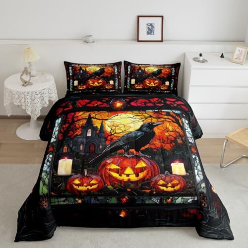Crow Kids Comforter Set King Size,Halloween Pumpkin Lantern Lamp Gothic Bedding Set,Girls Boys Room Decor,Castle Branch Geometric Patchwork Quilt Comforter,Black Retro Duvet Insert,2 Pillowcases