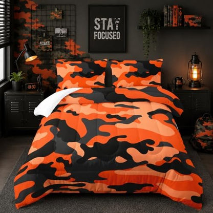 Nttopship Camo Comforter Set for Girls Men，King Size Orange Camouflage Bedding Sets for Kids Boys,Ultra Soft Lightweight Bedding Sets，Kids Room Decor with 1 Comforter with 2 Pillow Case