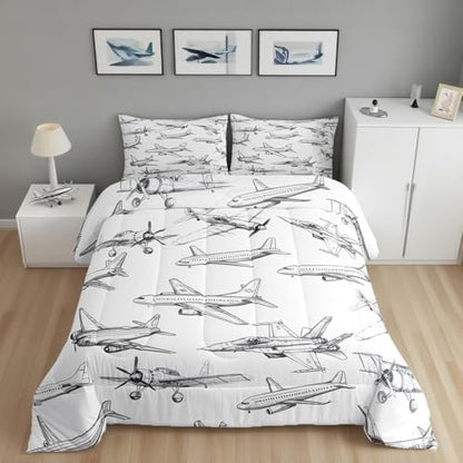 Homewish Airplane Comforter Set Queen Size Aircraft Bedding Set 3Pcs for Kids Girls Boys Teens Bedroom Decor Black White Sketch Print Quilt Set Flying Theme Duvet Insert,2 Pillowcases