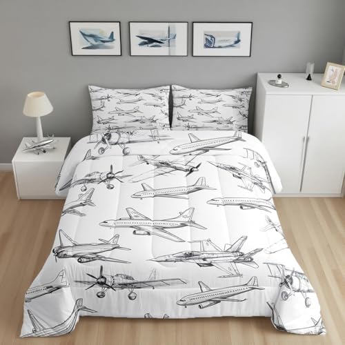 Homewish Airplane Comforter Set Twin Size Aircraft Bedding Set 2Pcs for Kids Girls Boys Teens Bedroom Decor Black White Sketch Print Quilt Set Flying Theme Duvet Insert,1 Pillowcase