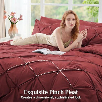 JOLLYVOGUE Twin Comforter Set 5 Pieces - Bed in a Bag Twin for All Season, Pintuck Bedding Comforter Sets with Comforter, Flat Sheet, Fitted Sheet and Pillowcases & Shams, Burgundy