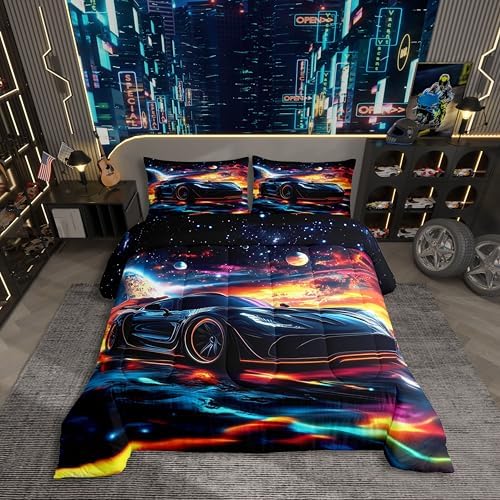 Erosebridal 3 Pieces Race Car Comforter Set Full Size Black Sports Cars Bedding Sets for Boy Car Room Decor 3D Geometric Bed in A Bag with 1 Comforter,2 Pillowcases,Colorful,All Season