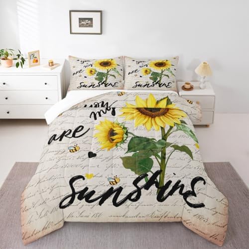 Castle Fairy Sunflower Comforter Set Queen Size,Rustic Farmhouse Bee Bedding 3pcs for Kids Teens Adults Home Room Decor,Black Sketch Sunshine Graffiti Quilt Nature Plants Animals Duvet Insert