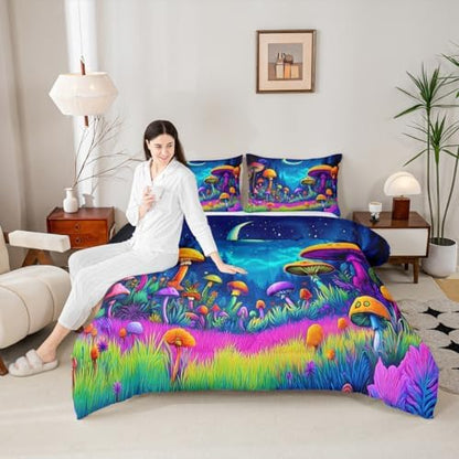 Mushroom Comforter Set King Size,Star Moonlight Galaxy Magical Kids Bedding Set,Mysterious Plant Quilt Comforter,Colorful Duvet Insert,2 Pillowcases