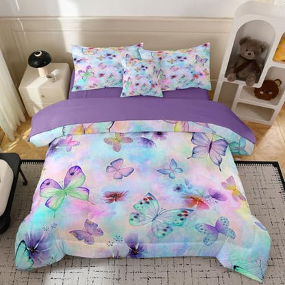 6pcs Butterfly Comforter Set for Girls,Twin Size Bedding Sets for Teen,Kids Comforter Set with 1 Quilt+1 Flat Sheet+1 Fitted Sheet+2 Pillowcases+1 Cushion Cover(Butterfly Twin)