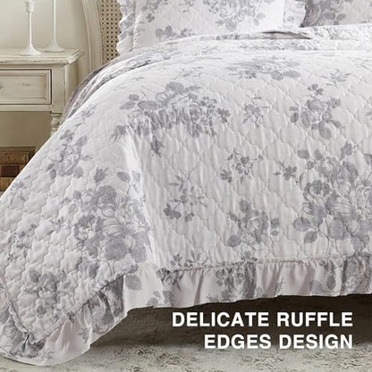 HORIMOTE HOME Greyish Blue Ruffled Quilt Queen Size with 2 Pillow Shams, Shabby Chic Reversible Floral Bedspread Coverlet, Soft Lightweight Comforter Bed Cover for All Season, 3 Pieces, 90x96 inches