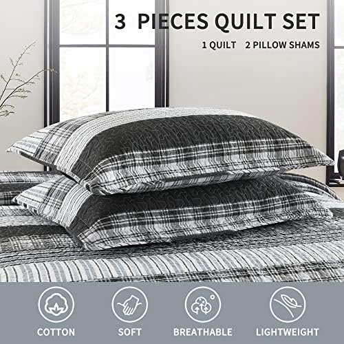 Homzard Quilts Queen Size - Black and White Queen Comforter Set, 100% Cotton Black Grey Striped Bedding Set, Lightweight Reversible Bedspread Set, 3 Piece All Season